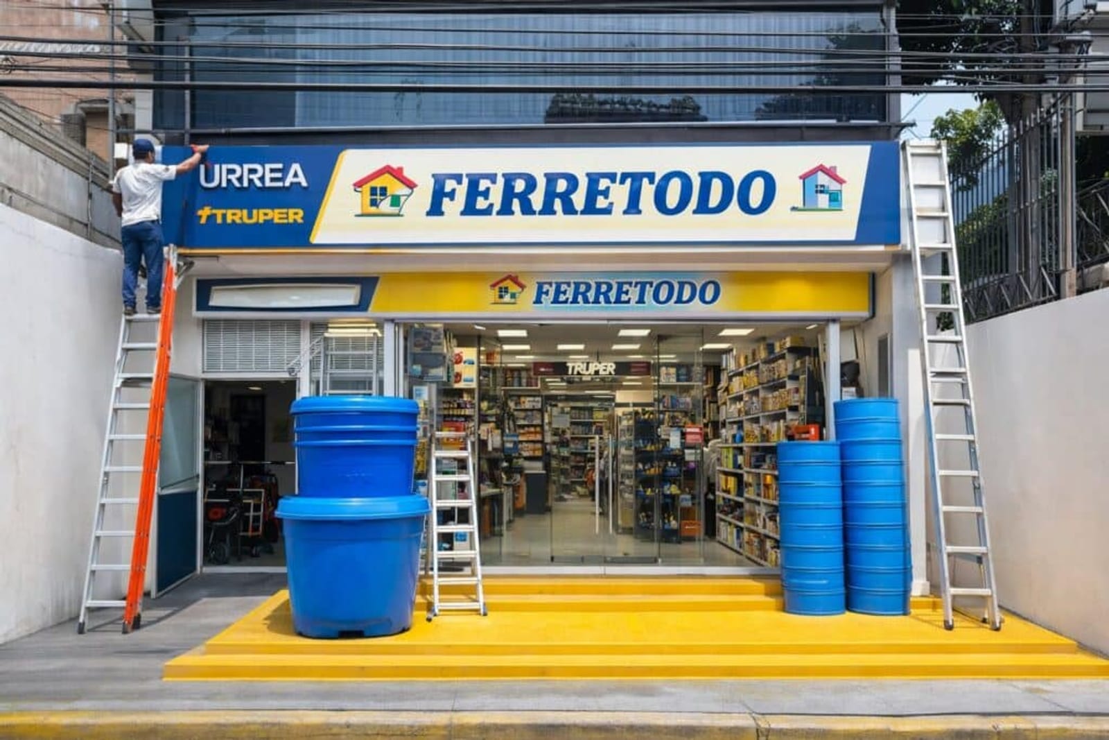 Fachada de la ferretería con su letrero